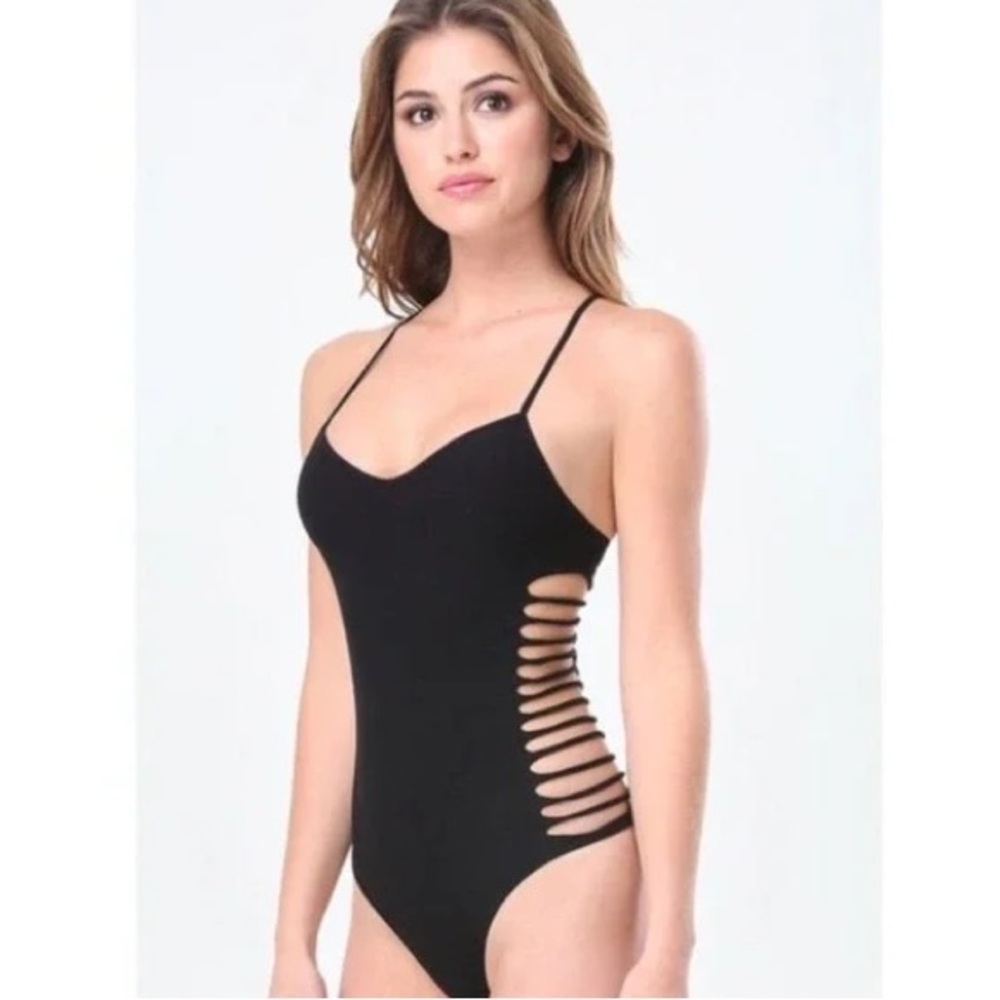 BEBE Black Seamless Bodysuit Cut Out Sides Size Small